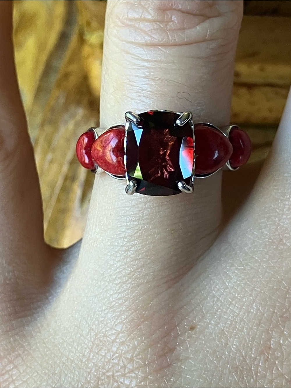 Natural Vermelho Red Garnet Coral Heart Ring Size 6